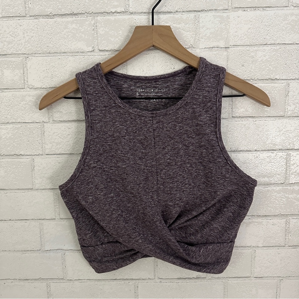 YOGALICIOUS LUX Heathered Maroon Twisted Front Bra Crop Top - Picture 2 of 7
